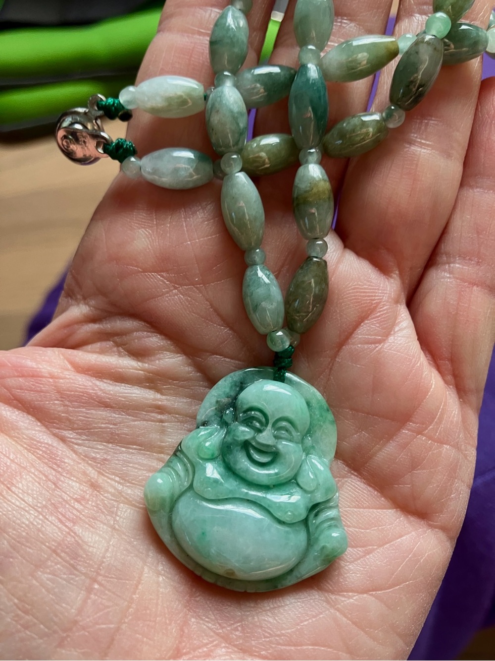 Green Jade Laughing Buddha Pendant Necklace - Women Jewelry